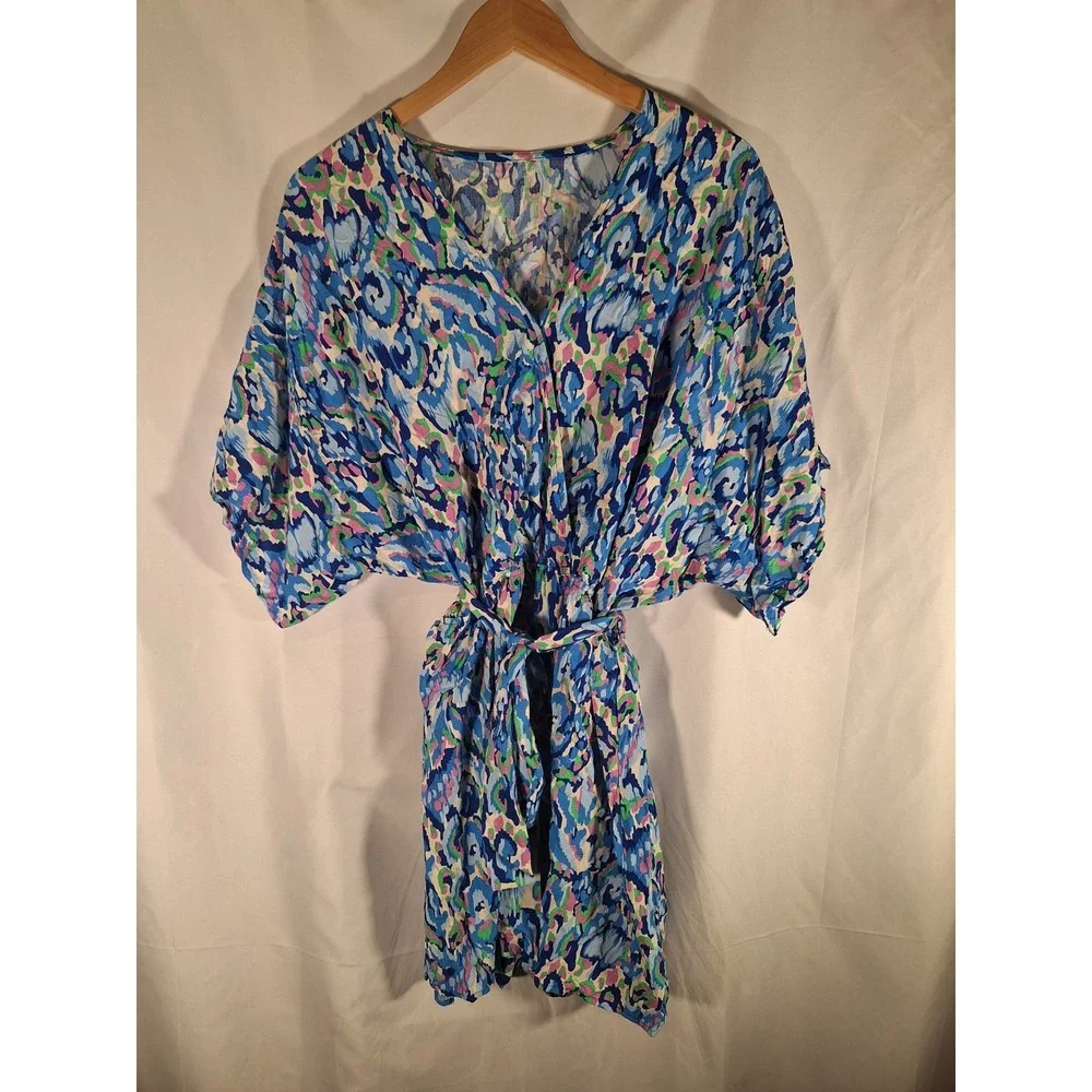 CUPSHE Blue Abstract Print Kaftan Swim Cover Up Dress Tie Waist Womens Size L
